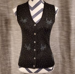DKNY Black Beaded Button Down Sweater Vest Flower